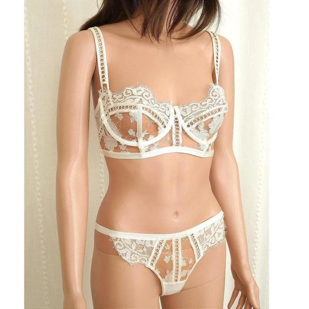 Honey Birdette Molly Lace Longline Balconette Bra 34D and Thong XS Lingerie Set